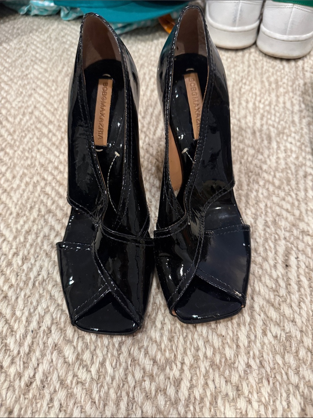 BCBGMaxAzria Black Patent Peep-Toe Stiletto Heels with Sculpted Vamp